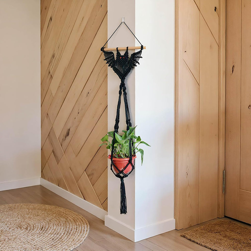 2-Pack Boho Bat Shape Gothic Plant Hanger, Macrame Handmade Pot Holder with Wooden Stick, Black Color Pot Holder for Indoor/Garden/Porch Decoration 40"X11.8" (No Pot & Plant Included)