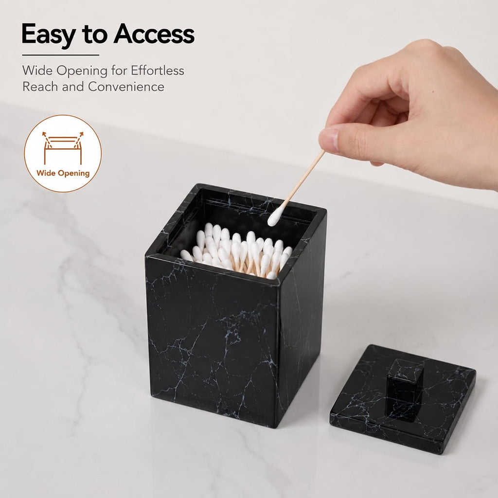 2-Pack Marble Pattern Cotton Swab Holders with Lids, Resin Bathroom Vanity Storage Jars, Square Qtip Containers for Cotton Balls, Pads, and More (Black)