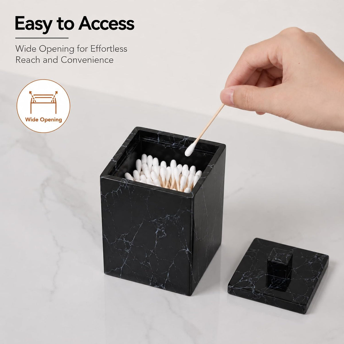 2-Pack Marble Pattern Cotton Swab Holders with Lids, Resin Bathroom Vanity Storage Jars, Square Qtip Containers for Cotton Balls, Pads, and More (Black)
