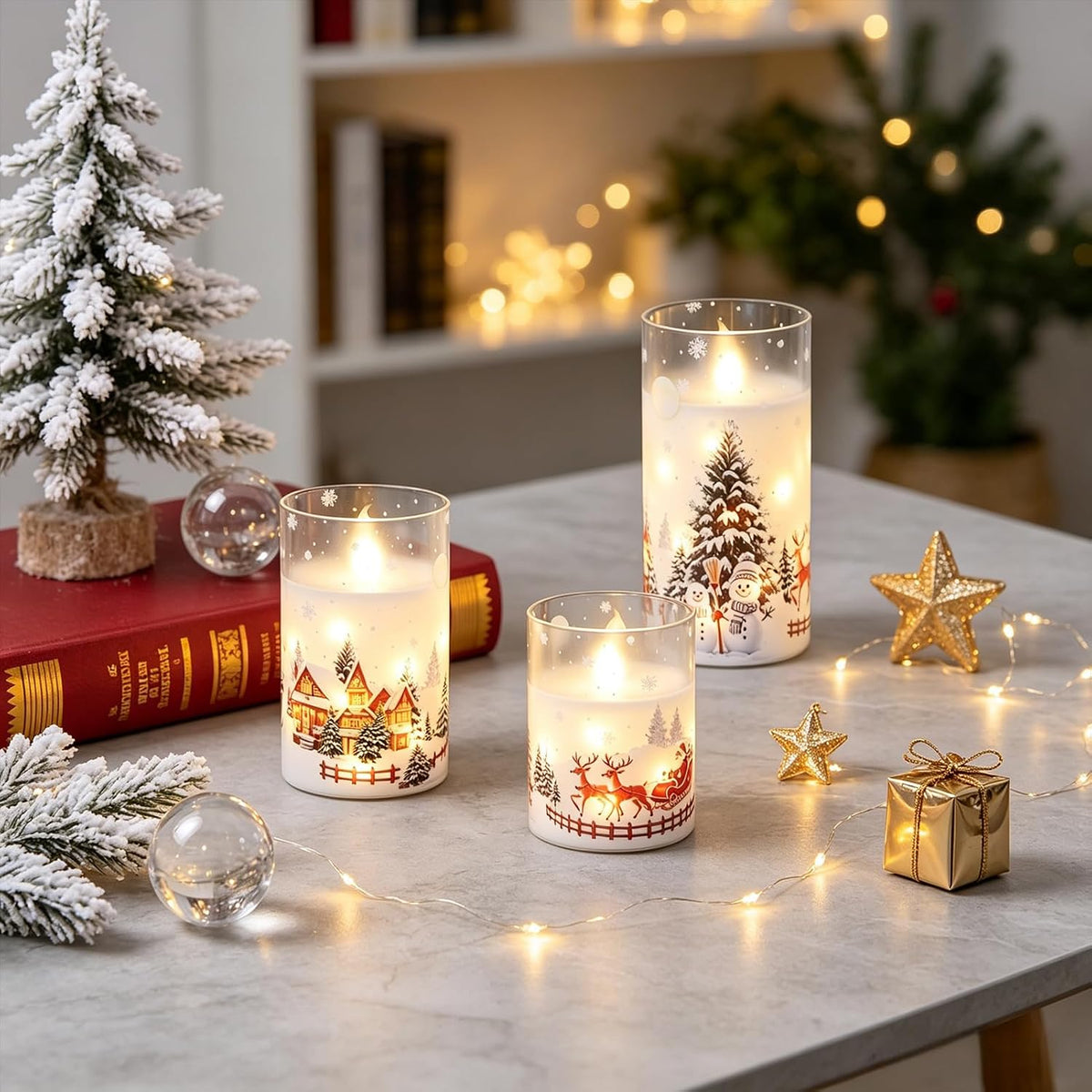 Snowman Church Flameless Candles String Lights with Remote Timer