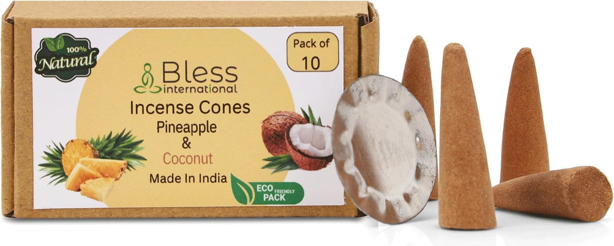Bless International Pineapple and Coconut 100%-Natural-Incense-Cones Handmade-Hand-Dipped Organic-Chemicals-Free for-Purification-Relaxation-Positivity-Yoga-Meditation (10 Count)