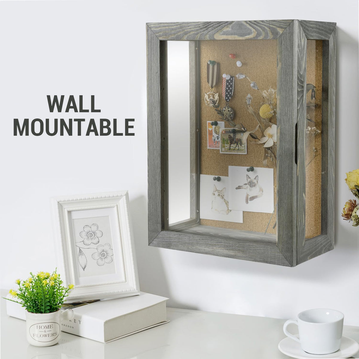MyGift 11x15 Deep Shadow Box Frame, Display Case Wall Mount for Picture, Heirloom, Home Office Décor, Wedding & Military Memorabilia Display, Solid Wood, Clear Acrylic, Magnetic Lock, Grey