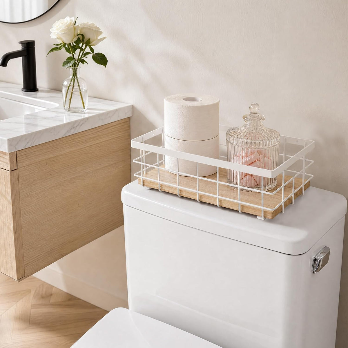 TJ.MOREE Small Metal Wire Basket, Decorative Wood Base Organizer for Bathroom, Kitchen, Basket for Toilet Paper Storage, Sugar Packet, Coffee Syrup, Guest Towel Napkin, White