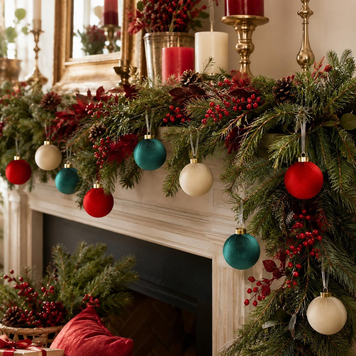 15 Pcs 3.15" Large Red and Green Velvet Ball Ornaments for Christmas Tree