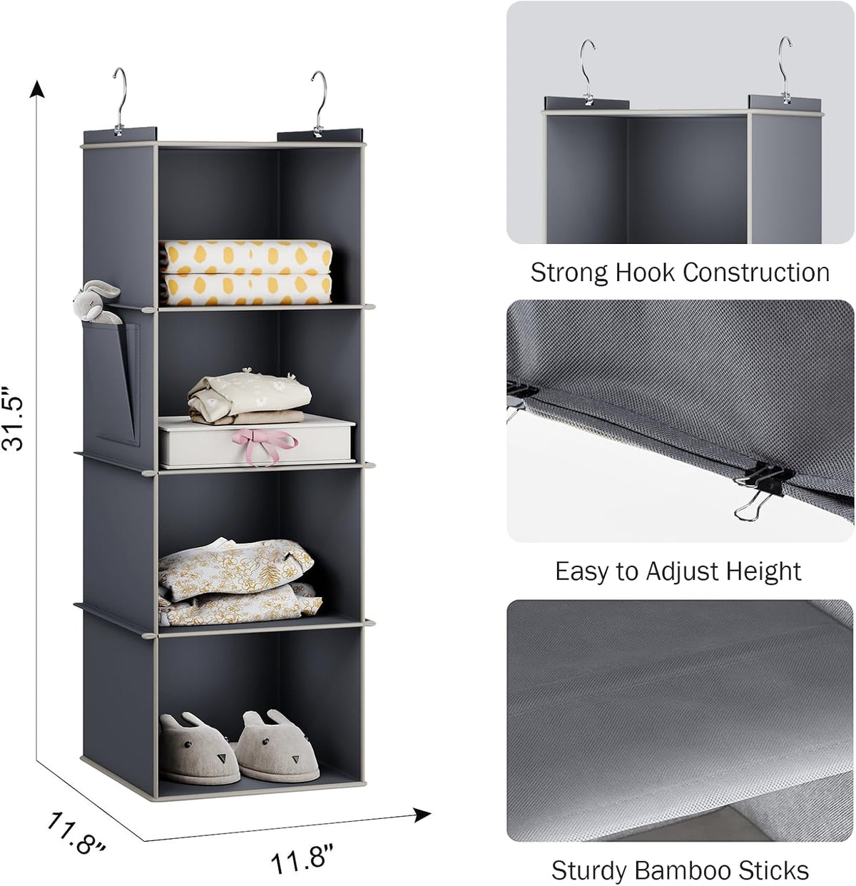 YOUDENOVA Hanging Closet Organizer and Storage for Clothes, 4-Shelf, Grey