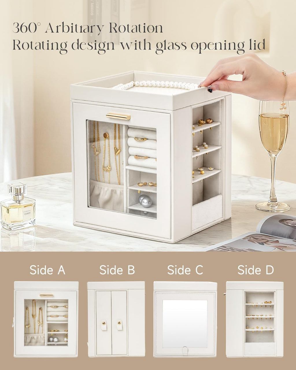 CASEGRACE 360°Rotating Jewelry Box Open Design Vertical Organizer with Glass Window Large Jewelry Display Storage Case Perfect for daily use at home or as a gift for women