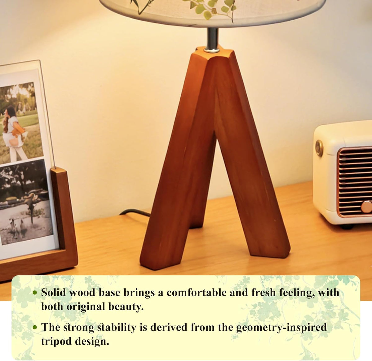 Dried Flowers Tripod Table Lamp 14.17in, 9W LED Dimmable Cute Bedside Lamp with Flowers Linen Lampshade for Nursery, Bedroom, Kid Room, Living Room, Light Brown Wooden Base