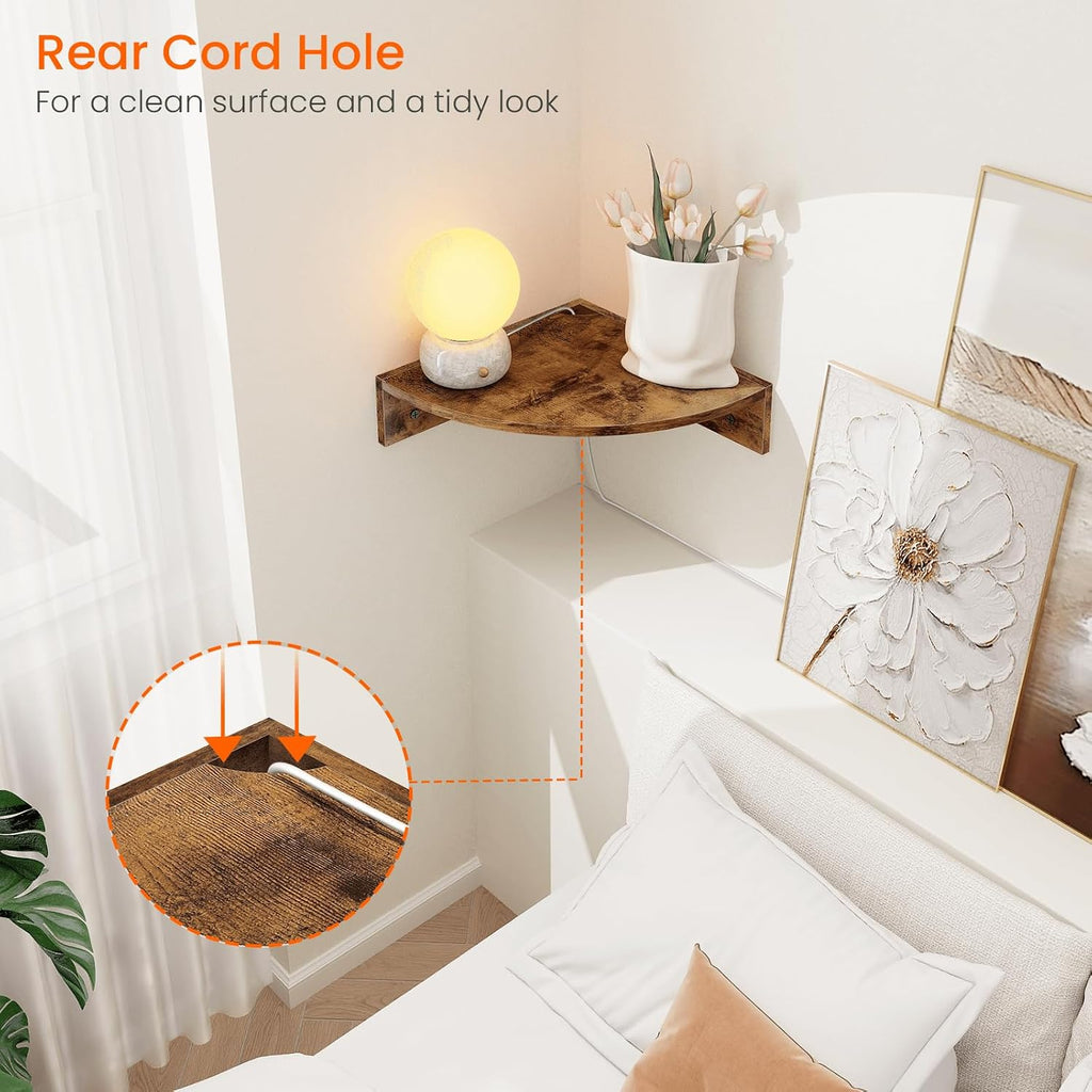 Homode Corner Shelf Wall Mount, Set of 3 Floating Corner Shelves with Cord Hole, 3 Tier Wood Wall Display Shelf, Storage for Bathroom Living Room Kitchen Bedroom, Rustic Brown and Black