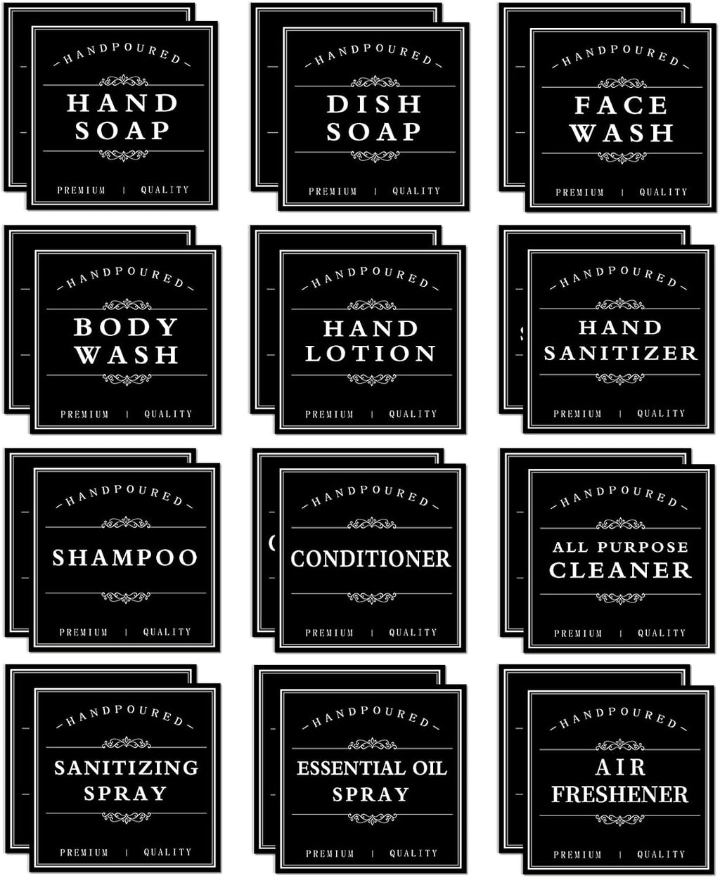 24PCS Waterproof Soap Labels for Bottles, Bathroom Hand Soap Label Stickers, Shampoo and Conditioner Dispenser Labels for Glass/Plastic Spray Bottle (Black)