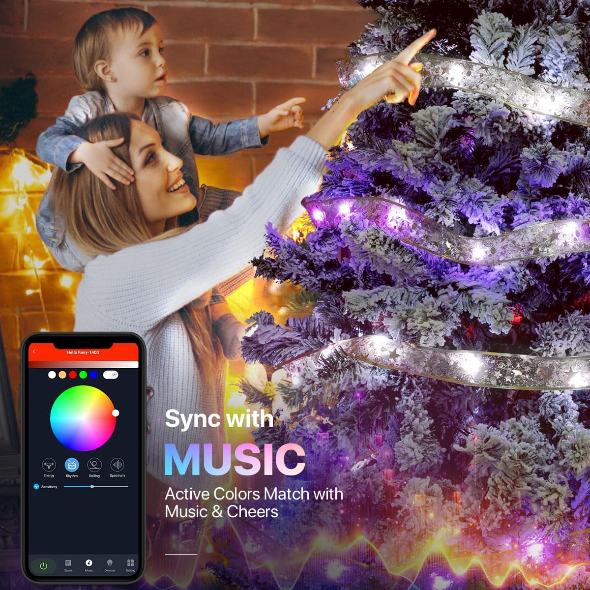 Smart Christmas Tree Ribbon String Lights, 33ft 80 Modes Colors Changing Ribbon Light for Christmas Tree, APP & Remote Control, Sync Musical, Timer, USB (Silver)