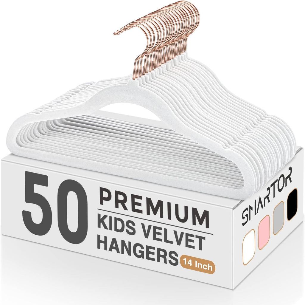 Smartor Kids Velvet Hangers 50 Pack, 14 Inch Premium Non Slip Kids Felt Hangers for Closet, Space Saving Toddler Clothes Hanger for Youth's Childrens' Clothes (Rose Gold Hook)- White