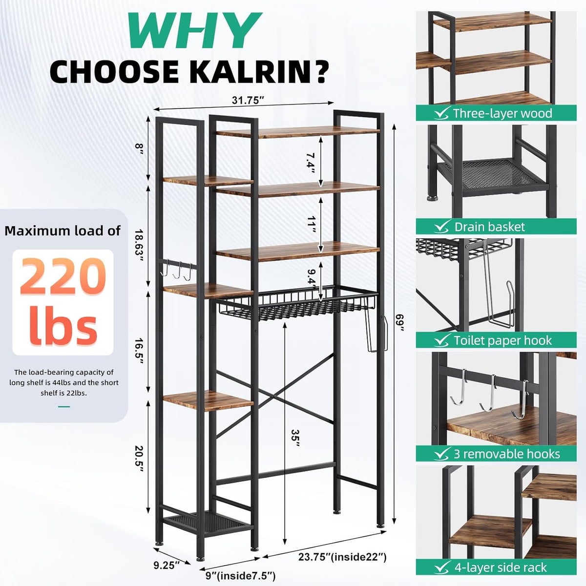 Kalrin 8-Tier Over The Toilet Storage with Side Rack, Over Toilet Storage Rack with Adjustable Shelf & Drain Basket, Freestanding Bathroom Organizer for Balcony, Laundry (Vintage Brown)