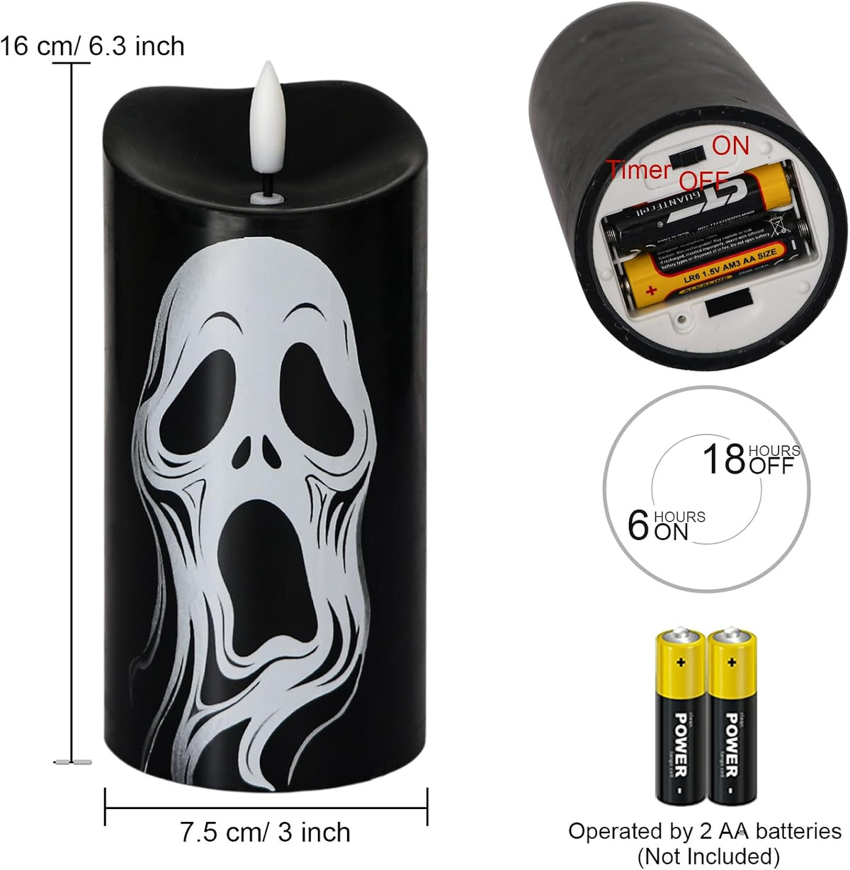 Halloween Black Flameless Pillar Candles with Ghost Decals, 2PCS