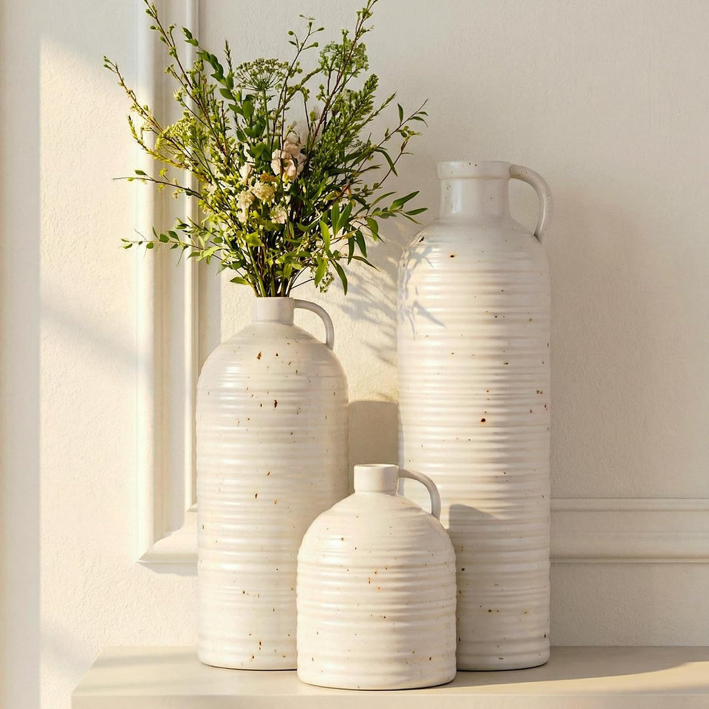 Firehold Ceramic Vase Set of 3 with Handles, Rustic Farmhouse Flower Vases