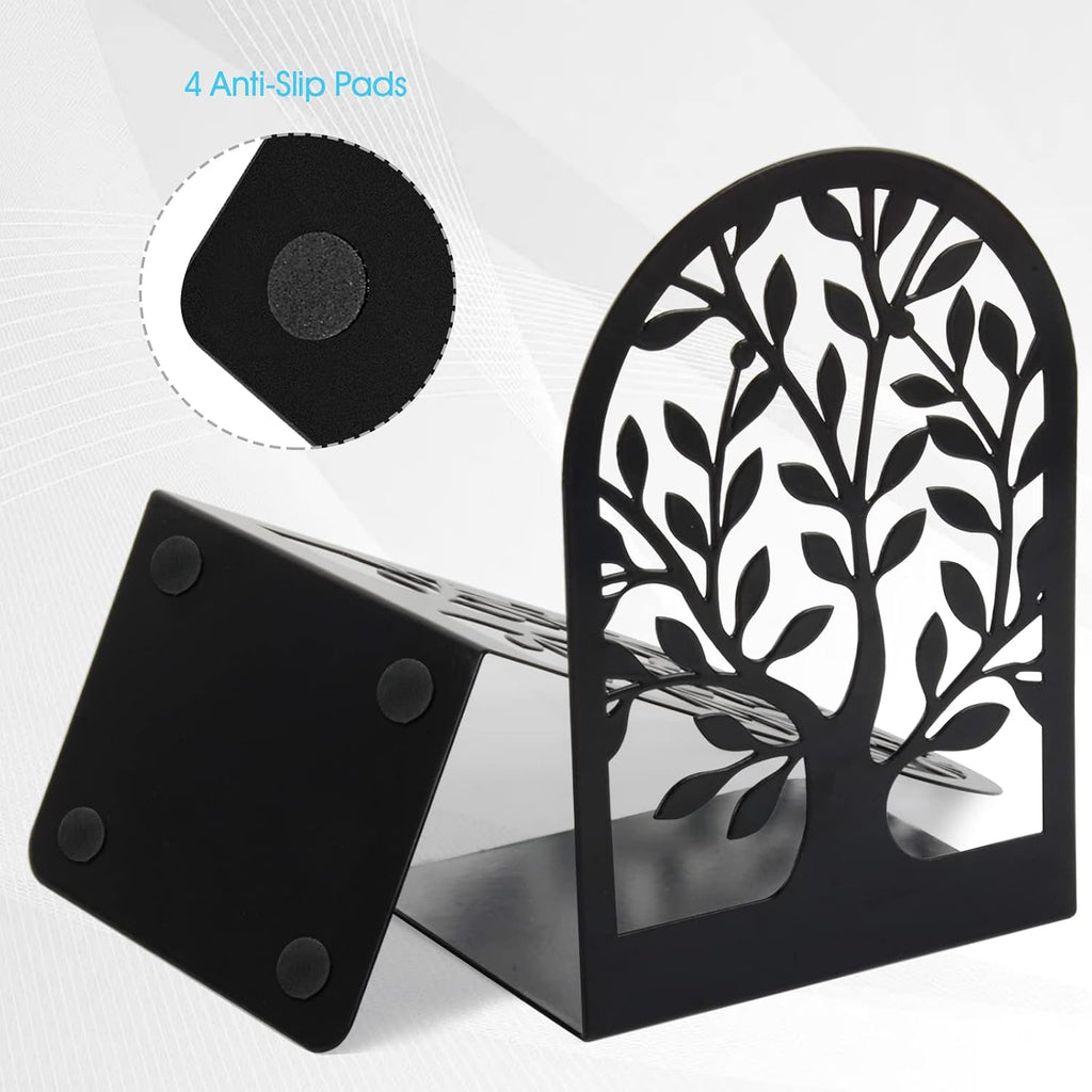 HappyHapi Bookends, Metal Book Ends for Shelves, Tree Bookend Stopper, Black