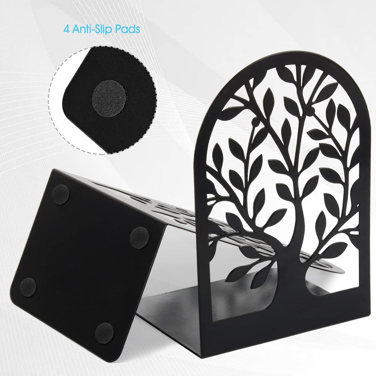 HappyHapi Bookends, Metal Book Ends for Shelves, Tree Bookend Stopper, Black