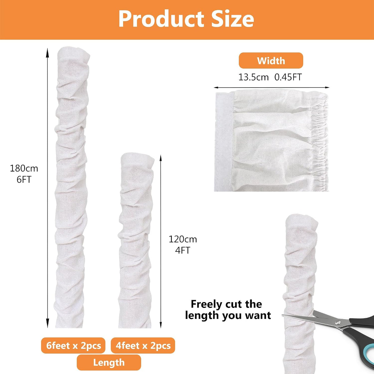 White Fabric Cord Cover, 2 Pcs 6 Feet and 2 Pcs 4 Feet Chain Cable Sleeve, Chandelier Lighting Wire Cord Cover for Lamps Light Fixtures Lighting Wires Cable Management, Pleat Effect