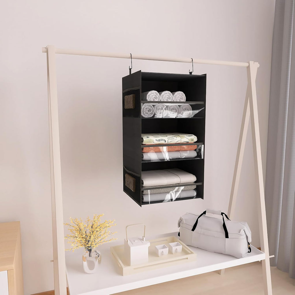 3 Shelf Hanging Closet Organizer Front Lip Design, Wider and Foldable Hanging Closet Wardrobe Storage Shelves with 4 Side Pockes, Clothes Handbag Shoes Accessories Storage, Black