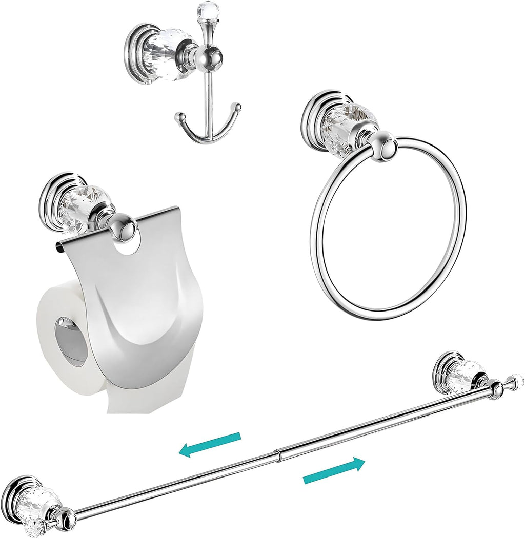WINCASE Crystal Bathroom Hardware Set 24 Inch, Chrome Towel Bar Set, Silver 4 Piece Accessories Wall Mounted Coat Hook Hand Towel Ring Toilet Paper Holder