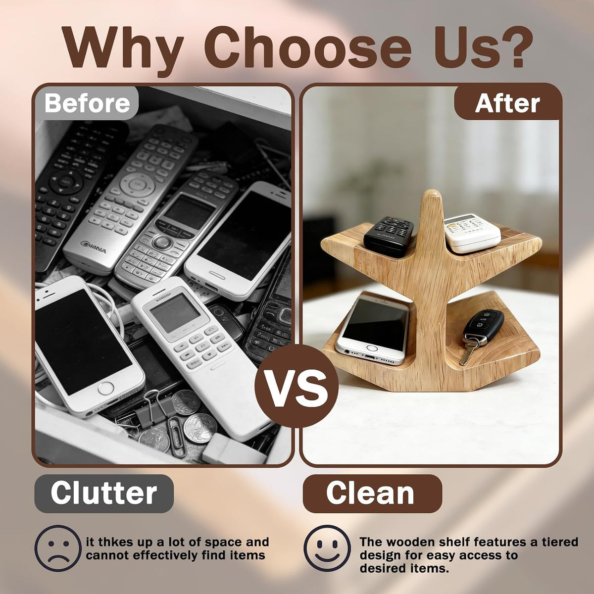 Wooden Remote Control Holder - TV Accessories & Glasses - Universal Living Room, Bedside Table or Office Desk Organizer in Natural Wood Finish (Wood grain brown)