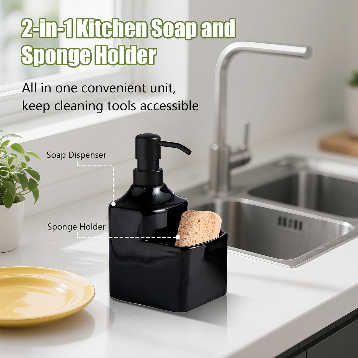 Gets Soap Dispenser Black Ceramic Pump Bottle with Storage Holder
