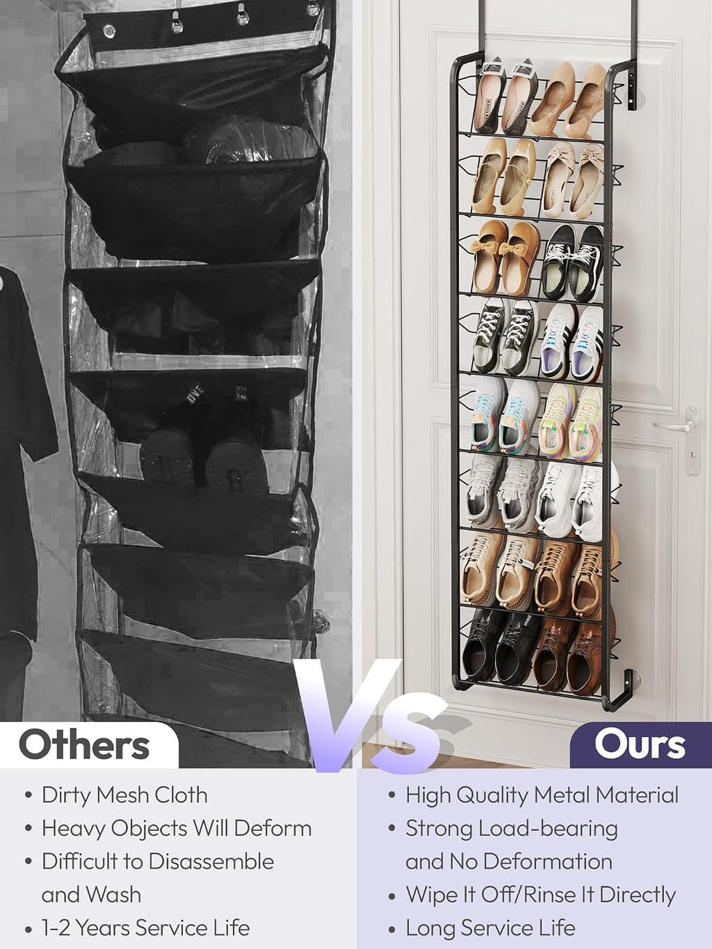 SWTYMIKI Over the Door Shoe Organizer - 8 Tier Wall Mount Shoe Rack for Door Storage- Heavy Duty Metal Hanging Shoes Shelf for Flats, Heels, Sneakers, Boots Black