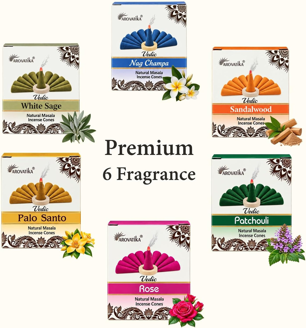 ARO VATIKA Vedic Incense Cones Variety Pack of 6 (Nag Champa, Palo Santo, Rose, White Sage, Sandalwood & Patchouli), Natural Non-Toxic Dhoop Cones for Meditation, Yoga, Relaxation & Home Fragrance