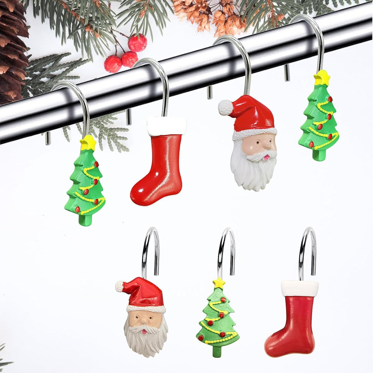 Christmas Home Decorative Shower Curtain Hooks – Set of 12 Rust-Resistant Decorative Rings with Santa, Tree & Stocking Charms, Xmas Bath Curtain Hangers for Holiday Bathroom Decor (Fits Standard Rods)