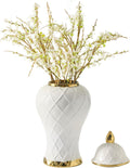 Ginger Jars for Home Decor, White and Gold Vase, Decorative Ceramic Ginger jar with lid, Porcelain Flower Vase for Centerpieces Jarrones, Storage jar, Table Center Vase, Temple Jar(18in)