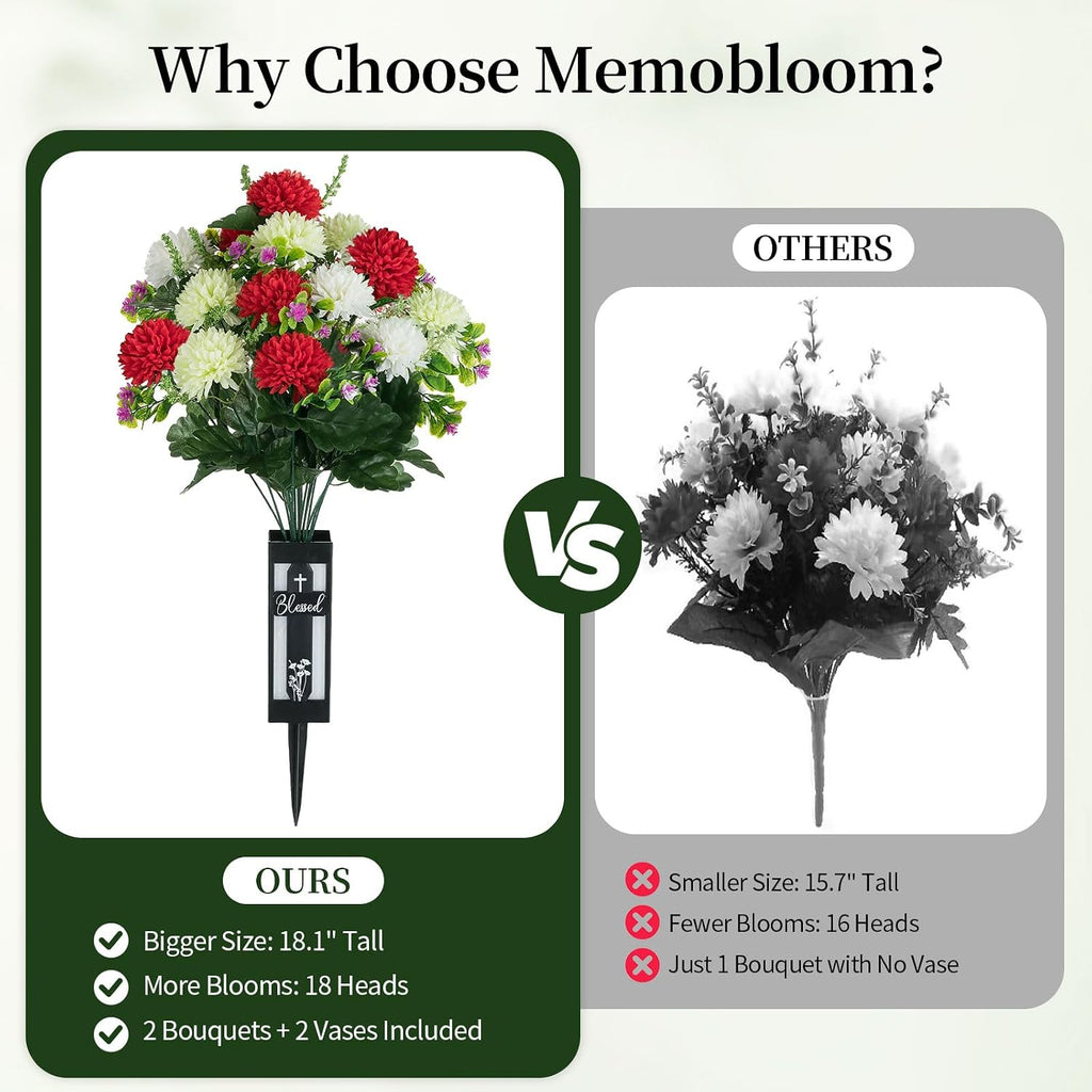 Artificial Cemetery Flowers for Grave: Fake Mums, 2 Pcs, 18 Heads