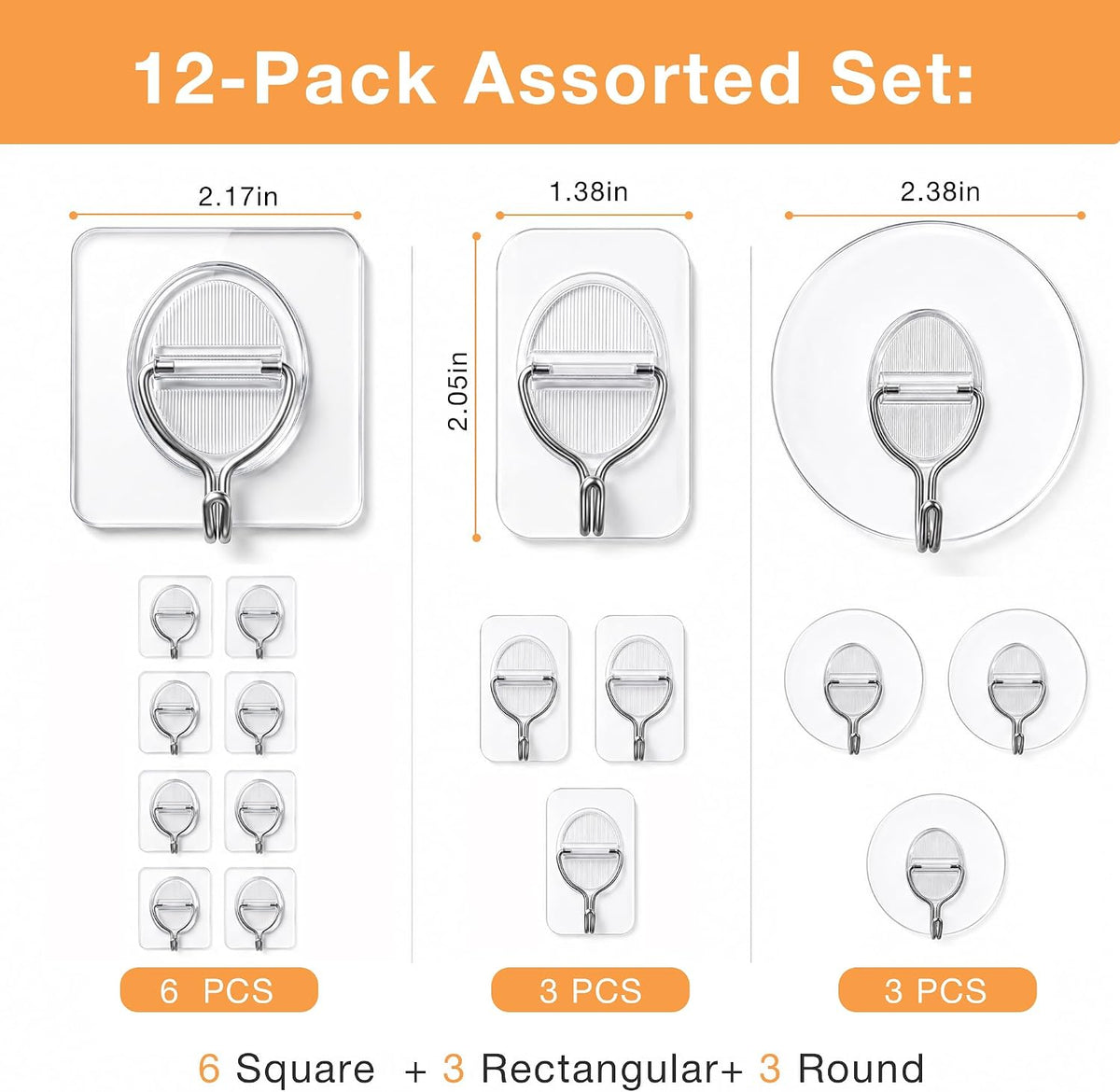 Clear Adhesive Wall Hooks Heavy Duty Hanging Sticky-12 Pack Mixed Set