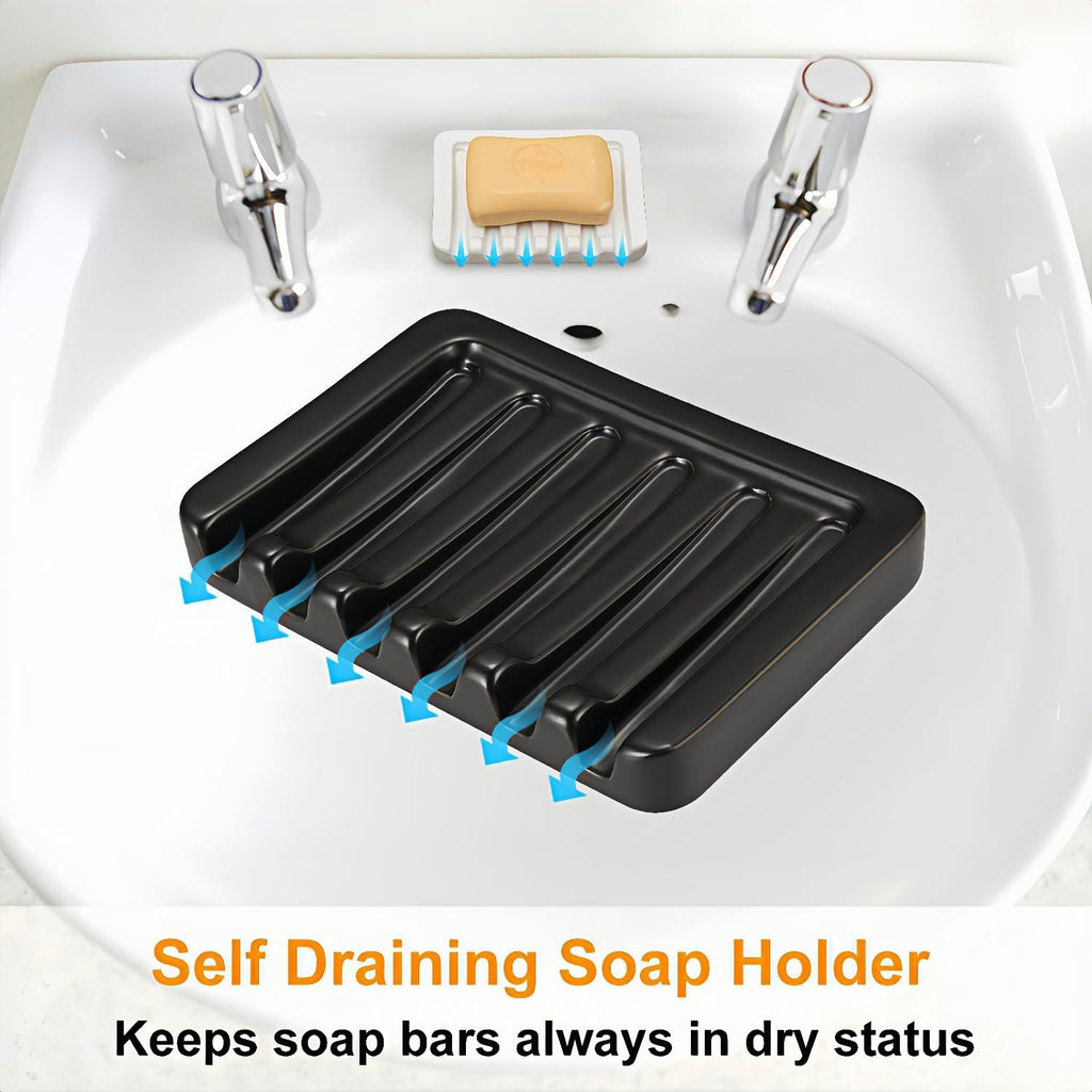 Self Draining Soap Dish, Ceramic Soap Holder for Shower, Vonpri Waterfall Bar Soap Case Saver Tray Sponge Organizer Keep Dry for Bathroom Kitchen Counter Sink (1, Black)