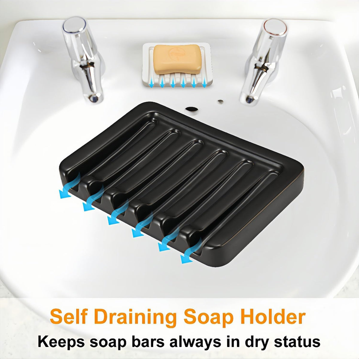 Self Draining Soap Dish, Ceramic Soap Holder for Shower, Vonpri Waterfall Bar Soap Case Saver Tray Sponge Organizer Keep Dry for Bathroom Kitchen Counter Sink (1, Black)
