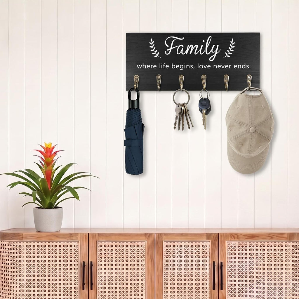 AHYS Key Holder Wall Mount Wooden Key Hanger with 6 Metal Hooks Rustic Family Wall Decor for Farmhouse Home Entryway Hallway Living Room Office Decorations - Black