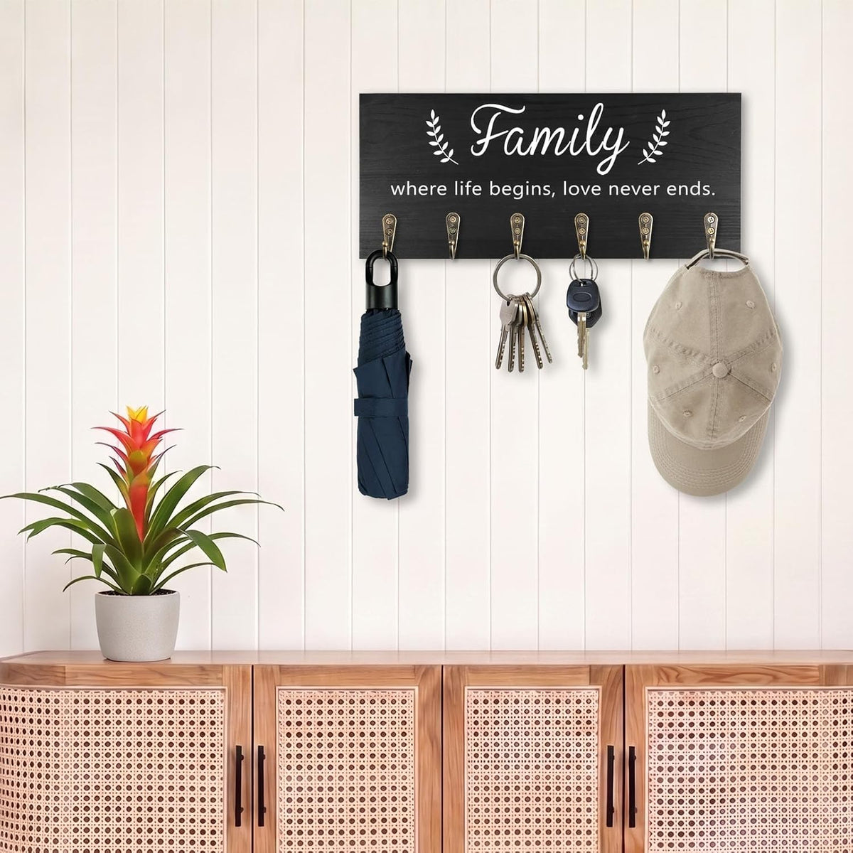AHYS Key Holder Wall Mount Wooden Key Hanger with 6 Metal Hooks Rustic Family Wall Decor for Farmhouse Home Entryway Hallway Living Room Office Decorations - Black