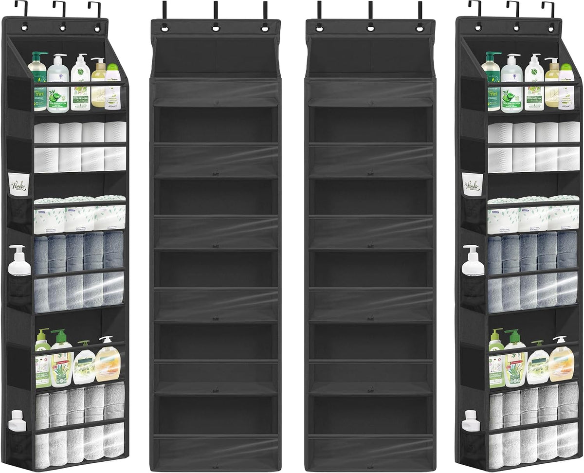 Over Door Organizer with 6 Extra Large Pockets 12 Side Pockets, Sturdy Closet Storage Rack, Hanging Storage Organizer with Clear Window for Shoes, Diaper, Bedroom, Bathroom, Black, 4-Pack