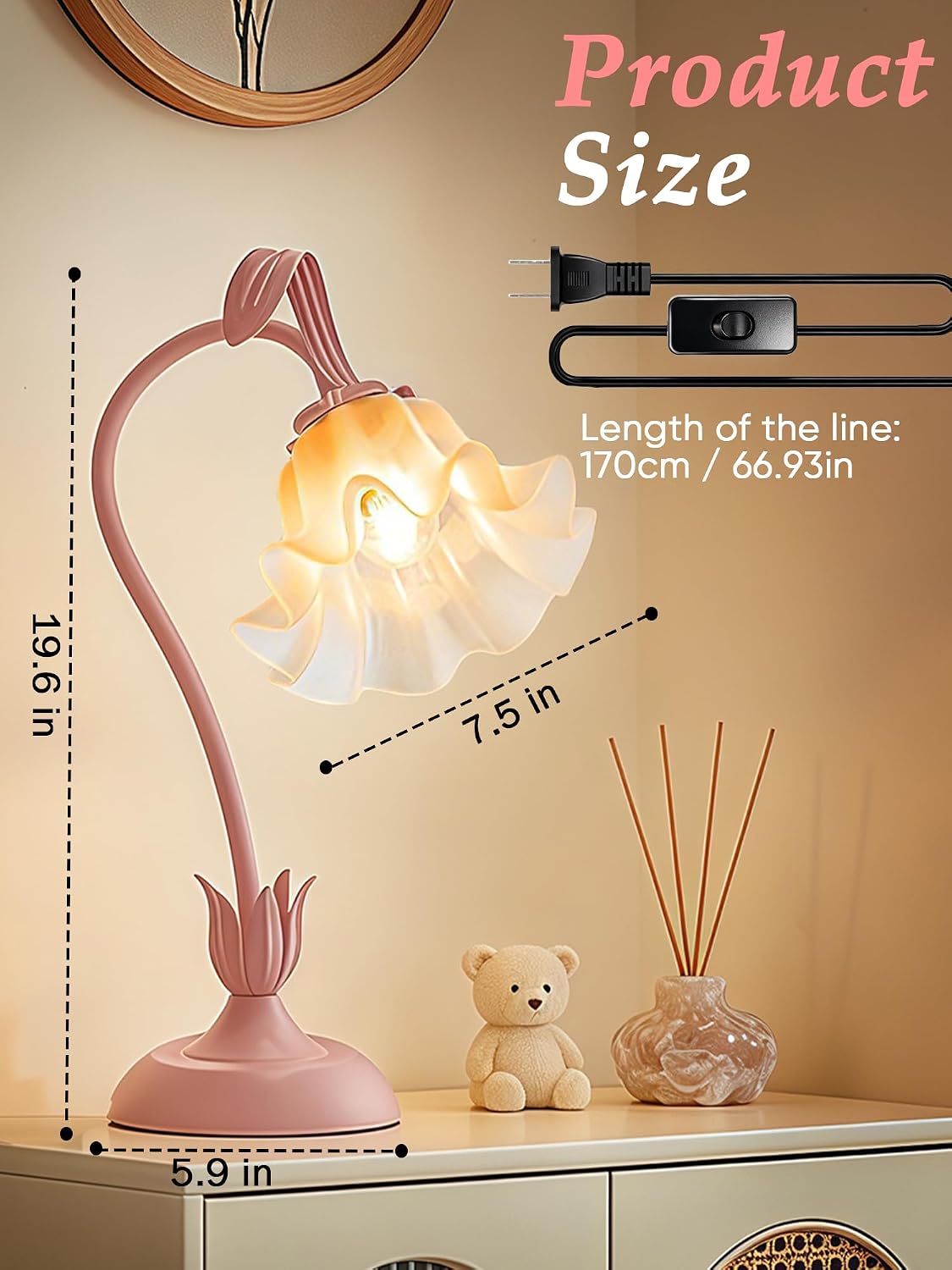 Bedside Table Lamp for Bedroom, Vintage Flower Table Lamps, LED Reading Light 3 Color Modes Bedside Lamps, Nightstand Lamp Kawaii Desk Lamps for Bedroom Living Room Home Decoration(Pink lamp)