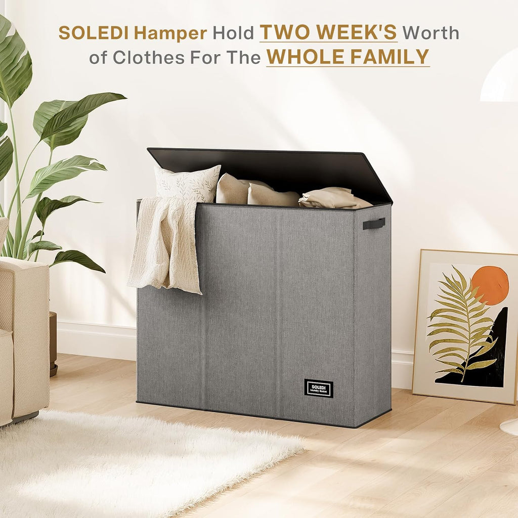 SOLEDI Large Laundry hamper 3 Section with Lid, 180L Laundry Basket, Grey