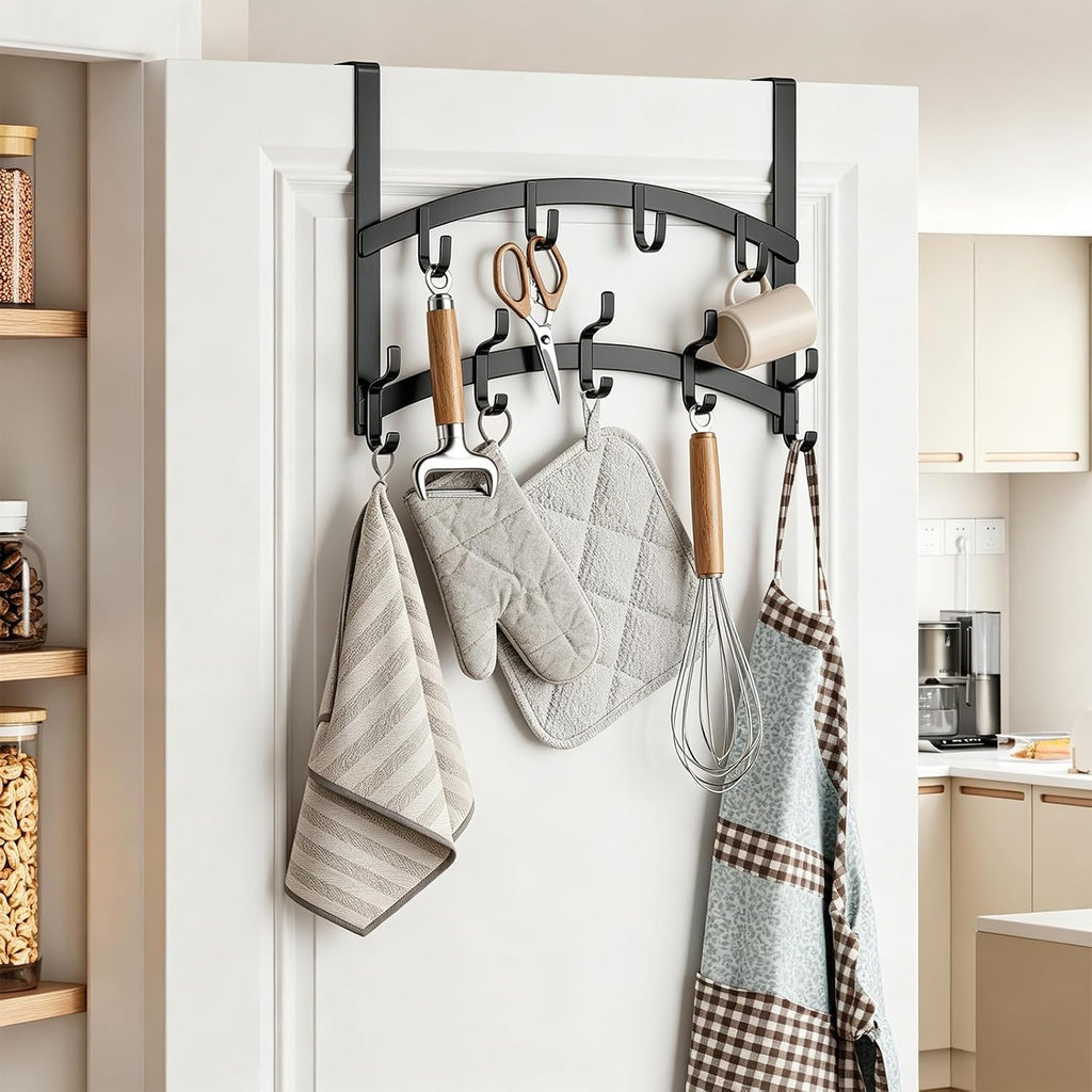 Consumest Over the Door Hooks Organizer - 2 Tier Door Hanger with 14 Hook Heavy Duty Stainless Steel for Towels, Coats, Jackets & Bags, Towel Rack for Bathroom Bedroom, Fits Up to 1.77" Doors, Black