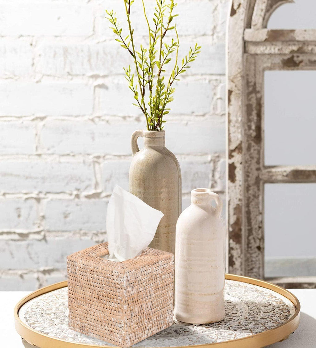 Livelab Rattan Tissue Box Cover Square, Hand Woven Natural Wicker Tissue Box Holder Organizer Farmhouse Country Decor 5.5"X5.5"X5.7" Whitewash