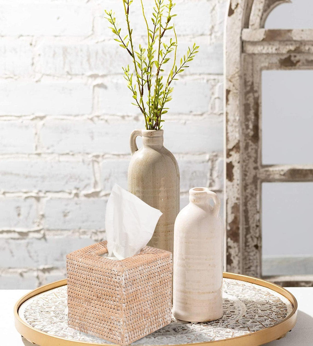 Livelab Rattan Tissue Box Cover Square, Hand Woven Natural Wicker Tissue Box Holder Organizer Farmhouse Country Decor 5.5"X5.5"X5.7" Whitewash