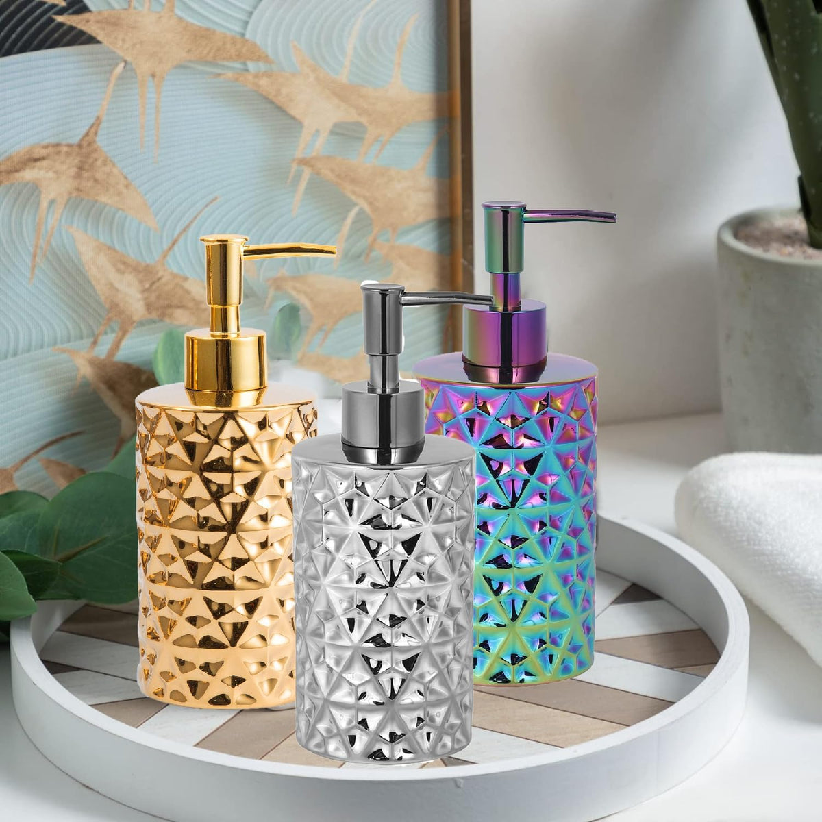 12 Oz Ceramic Soap Dispenser with Rust Proof Stainless Steel Pump,Refillable Diamond Lotion Soap Dispenser for Bathroom, Kitchen, Hand Soap, Dish Soap,Shampoo, Ideal for Bathroom Countertop. Silver.