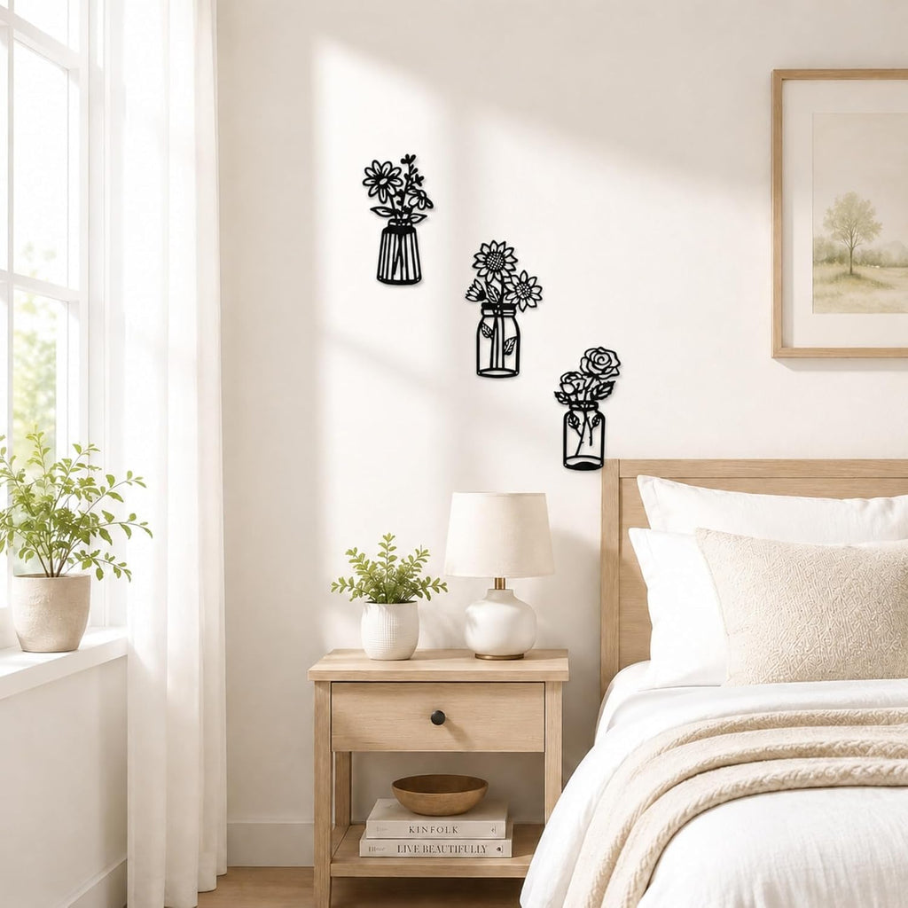 qzmaikoo 3 Pieces Sunflower Roses Daisy Black Metal Flowers Wall Decor Metal Vase Wall Art Metal Wall Sculptures Hanging for Indoor Kitchen Bathroom Bedroom living room,14.56x7.87 inches