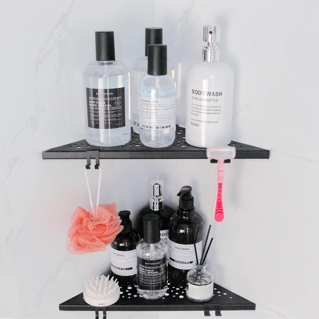 WELLUP Shower Shelf with 4 Hooks,10" Matte Black Corner Shower Shelf 2 Pack