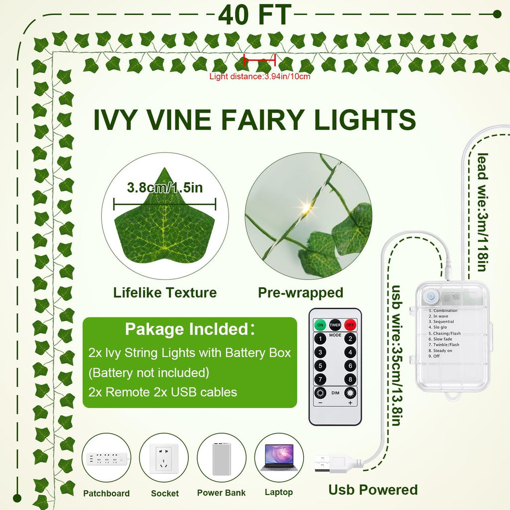 OMIKA 2 Pack 40FT 120LED Vine Fairy Lights Battery Operated, 8 Modes & Timer Ivy String Lights with Remote, Green Leaf Light for Indoor Bedroom Classroom Wall Garden Party Wedding Decor (Warm White)