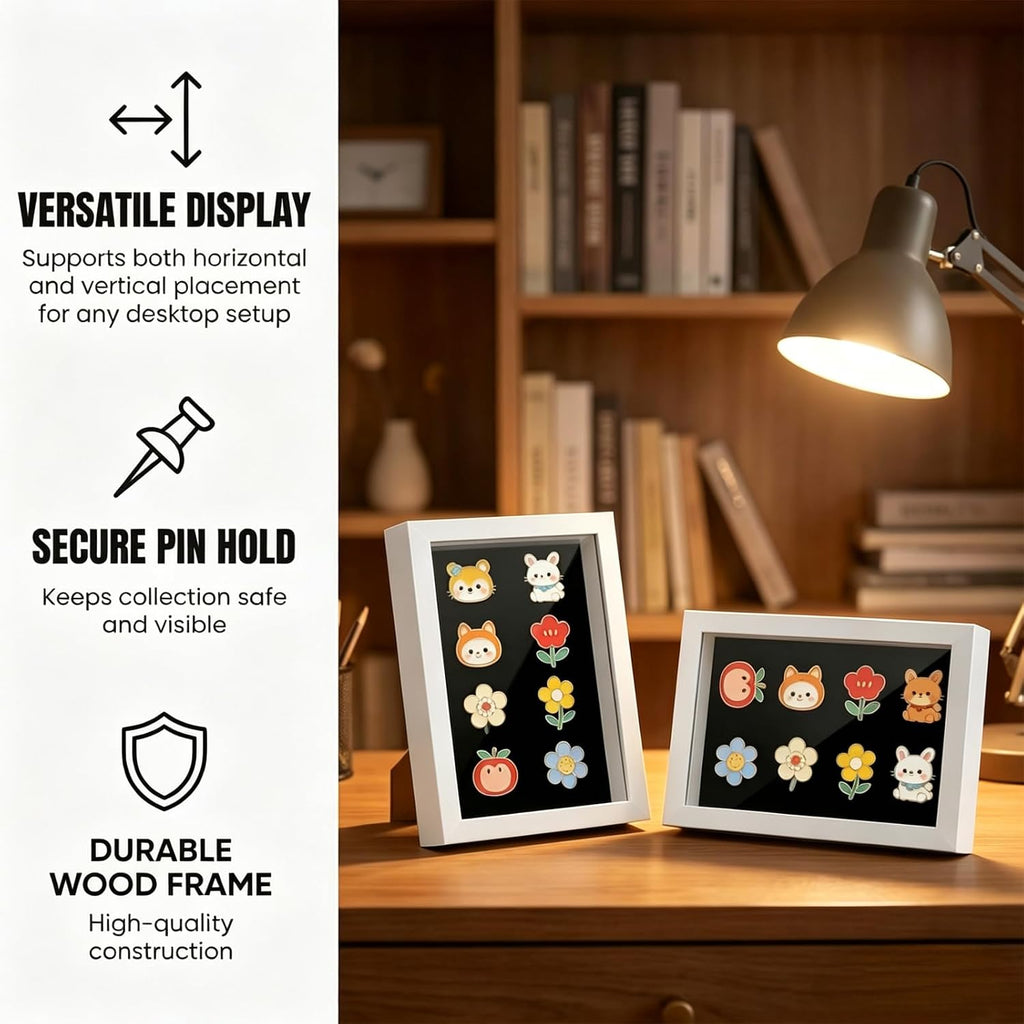 Pin Display Case, Enamel Pin Collection Display with Deep Shadow Box Picture Frame with True Glass or DIY Craft Shadowbox for Shells/Flowers, Hanging or Tabletop Display (White, 4P 4*6)