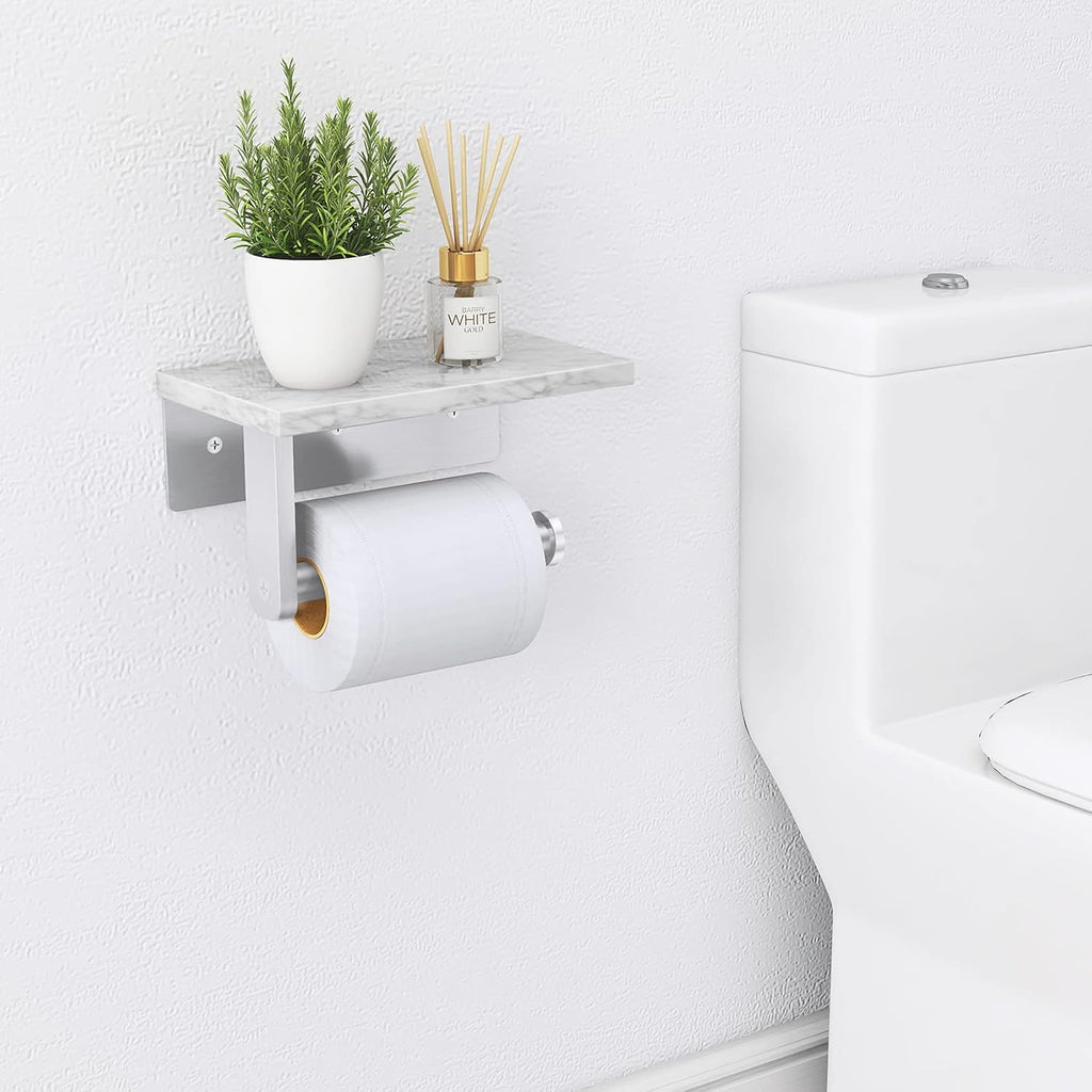 Gypie Toilet Paper Holder with Marble Shelf, Wall Mounted Brushed Nickel