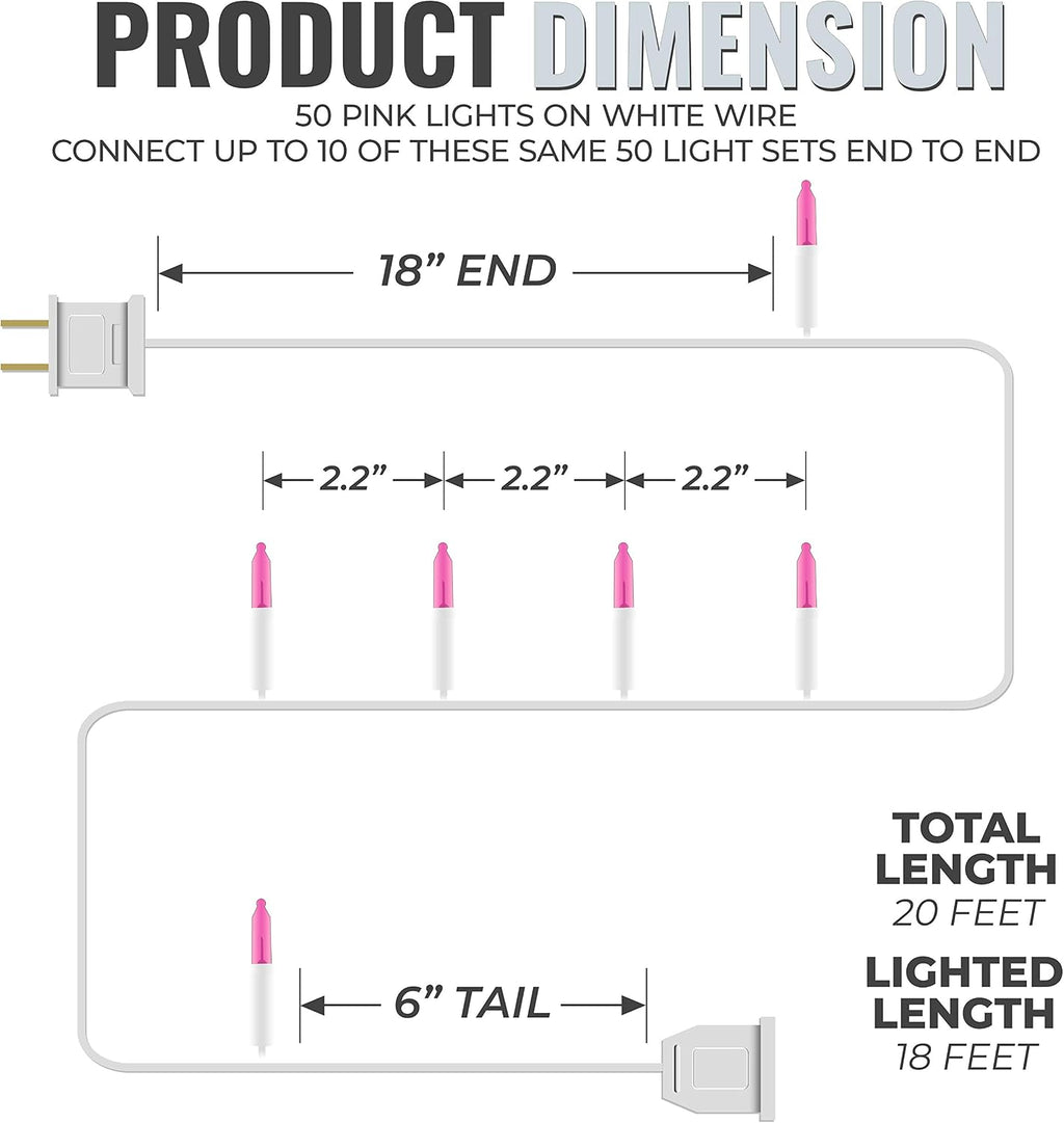 612 Vermont 50 Pink Incandescent Christmas Lights on a White Wire String