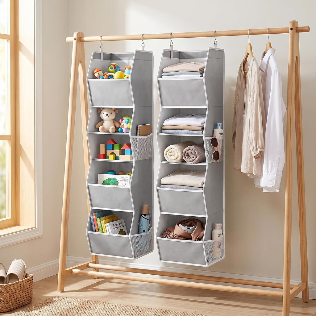 sutinban Hanging Closet Organizer 5 Shelf with 4 Side Mesh Pockets, Foldable Closet Organizers and Storage Hanging for Wardrobe, Closet Rod & RV Camping, Front Anti-Slip Support, Grey