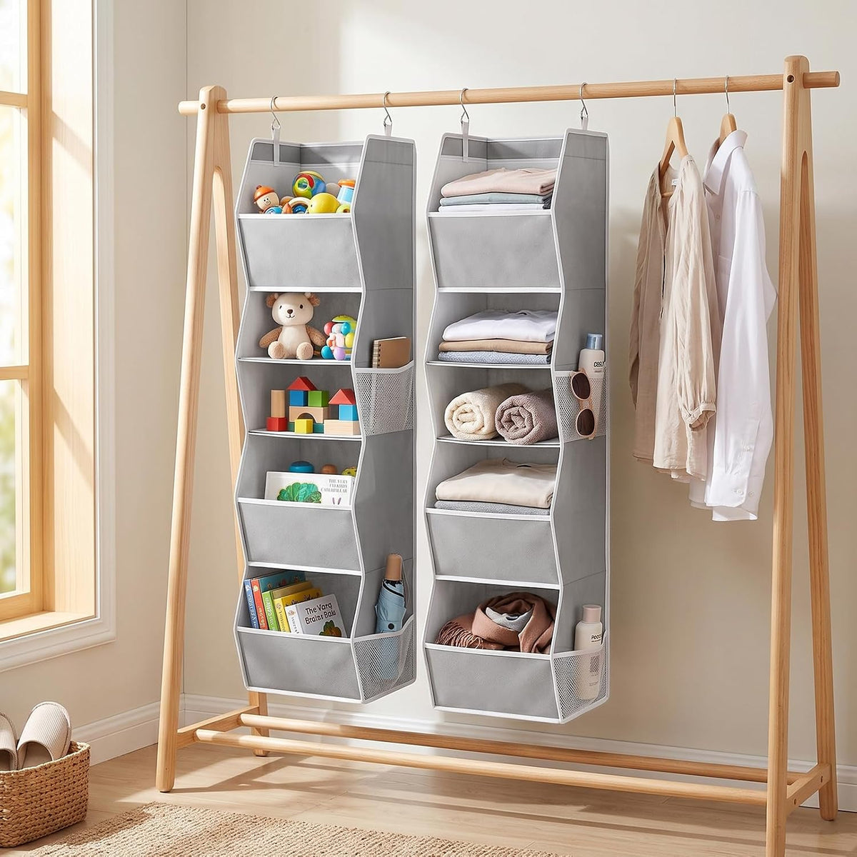 sutinban Hanging Closet Organizer 5 Shelf with 4 Side Mesh Pockets, Foldable Closet Organizers and Storage Hanging for Wardrobe, Closet Rod & RV Camping, Front Anti-Slip Support, Grey